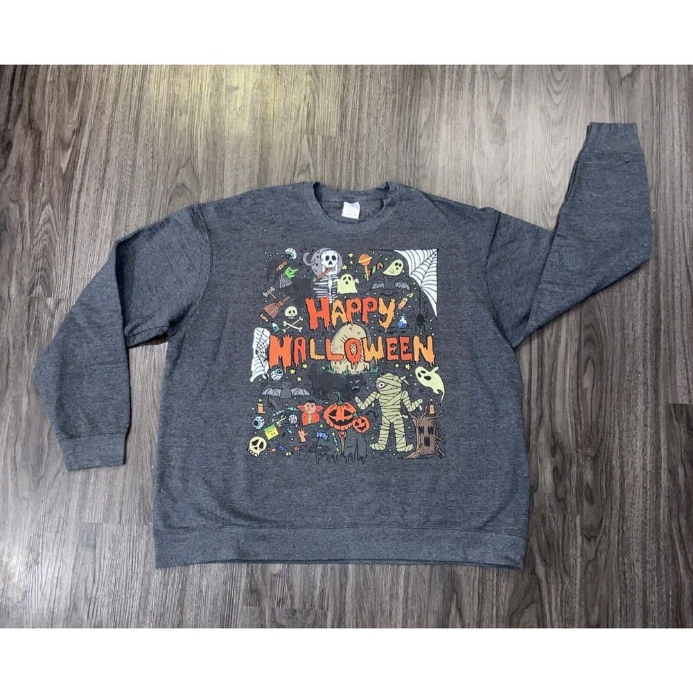 VINTAGE PORT & CO GRAY HALLOWEEN GRAPHIC SWEATSHIRT UNISEX 2XL GHOST WITCH MUMMY